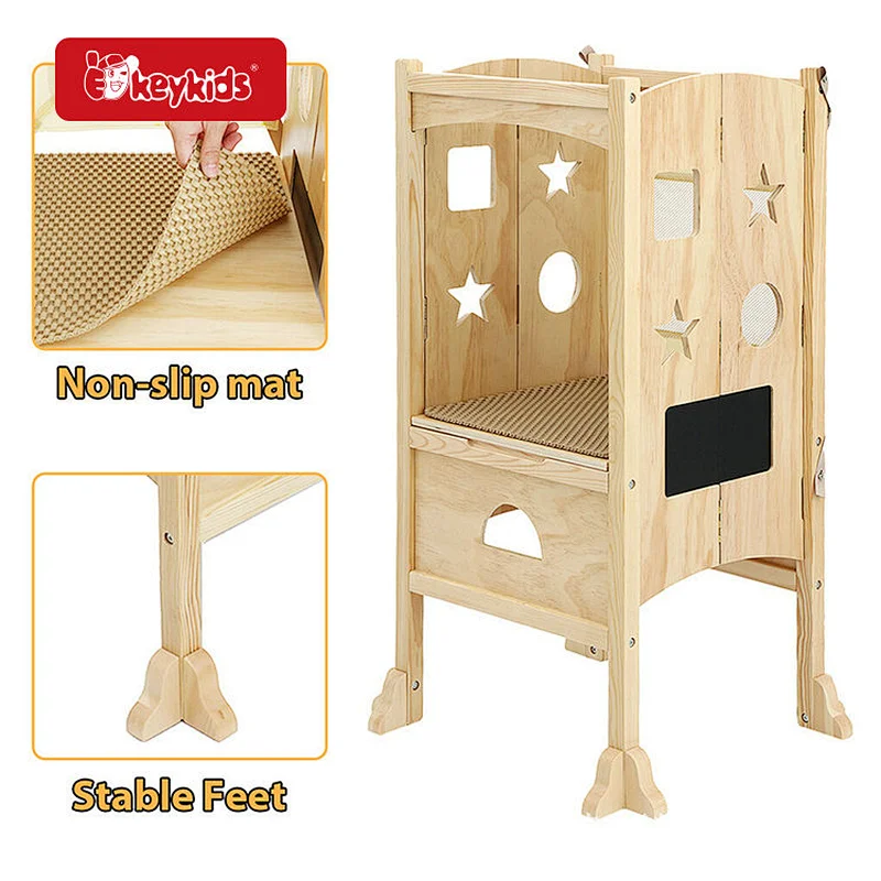 Factory Learning Furniture Wooden Kitchen Helper Tower With Safety Rails W08G395